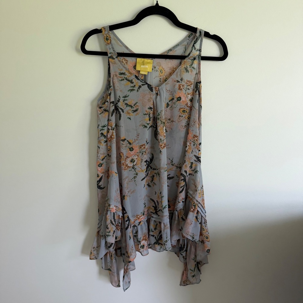 Maeve Anthropologie Floral Chiffon Ruffle Sharkbite Hem Tank Top XS Blue Grey